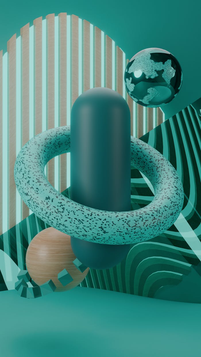 Creative arrangement of geometric shapes with teal and earthy tones for a modern abstract look.